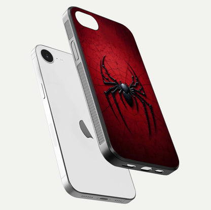 Venom Web Emblem Glass Case for iPhone 16e floating dual-view mockup displaying gloss shine and HD print