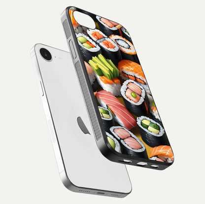 Sushi Food Pattern Glass Case for iPhone 16e floating dual-view mockup displaying gloss and HD pattern