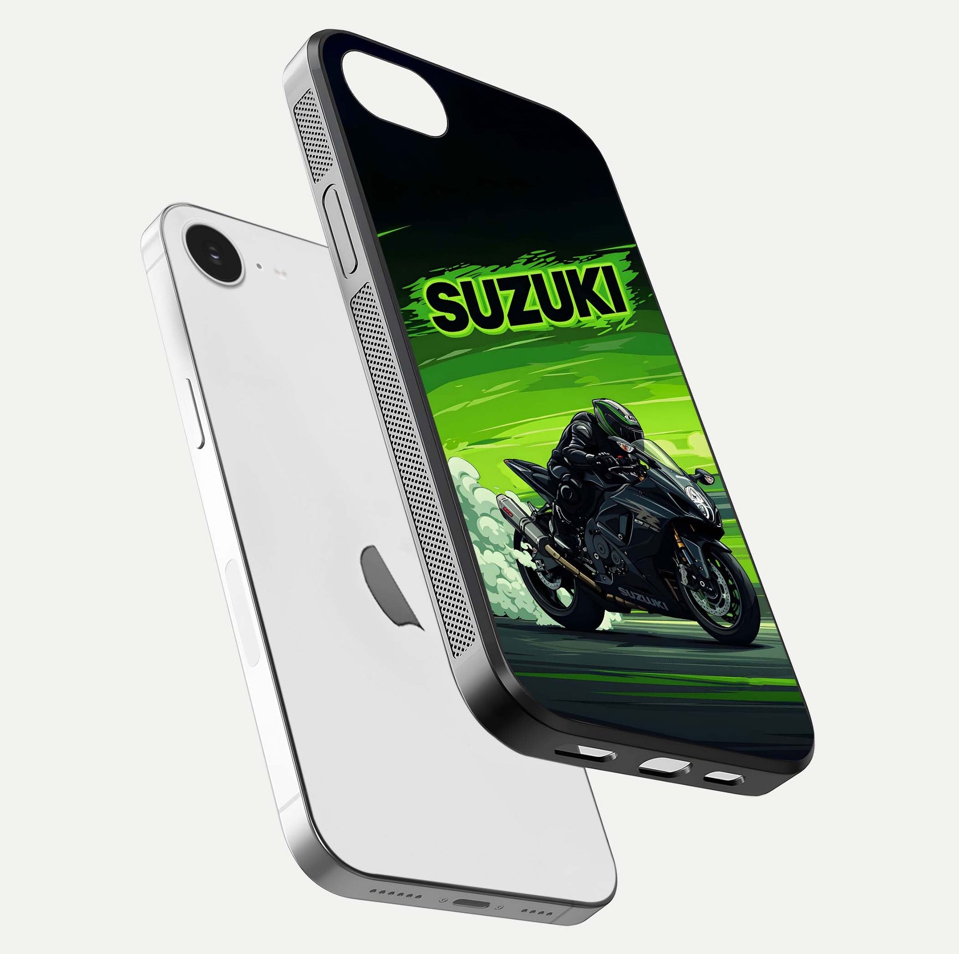 Suzuki Speed Beast Glass Case for iPhone 16e floating dual-view mockup displaying gloss texture and shine