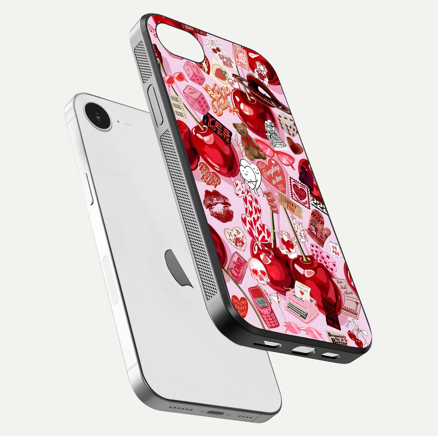 Sweet Cherry Chaos Glass Case for iPhone 16e floating dual-view mockup displaying gloss surface and depth