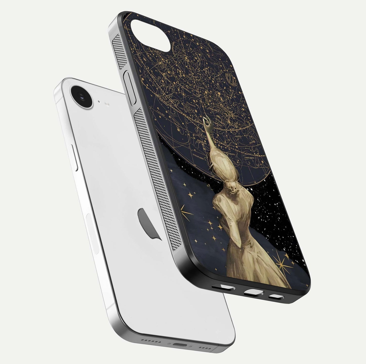 Taylor Swift Girl Glass Case for iPhone 16e floating dual-view mockup displaying gloss and stylish artwork