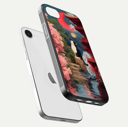 Temple Cat Scenery Glass Case for iPhone 16e floating dual-view mockup displaying gloss and depth detail