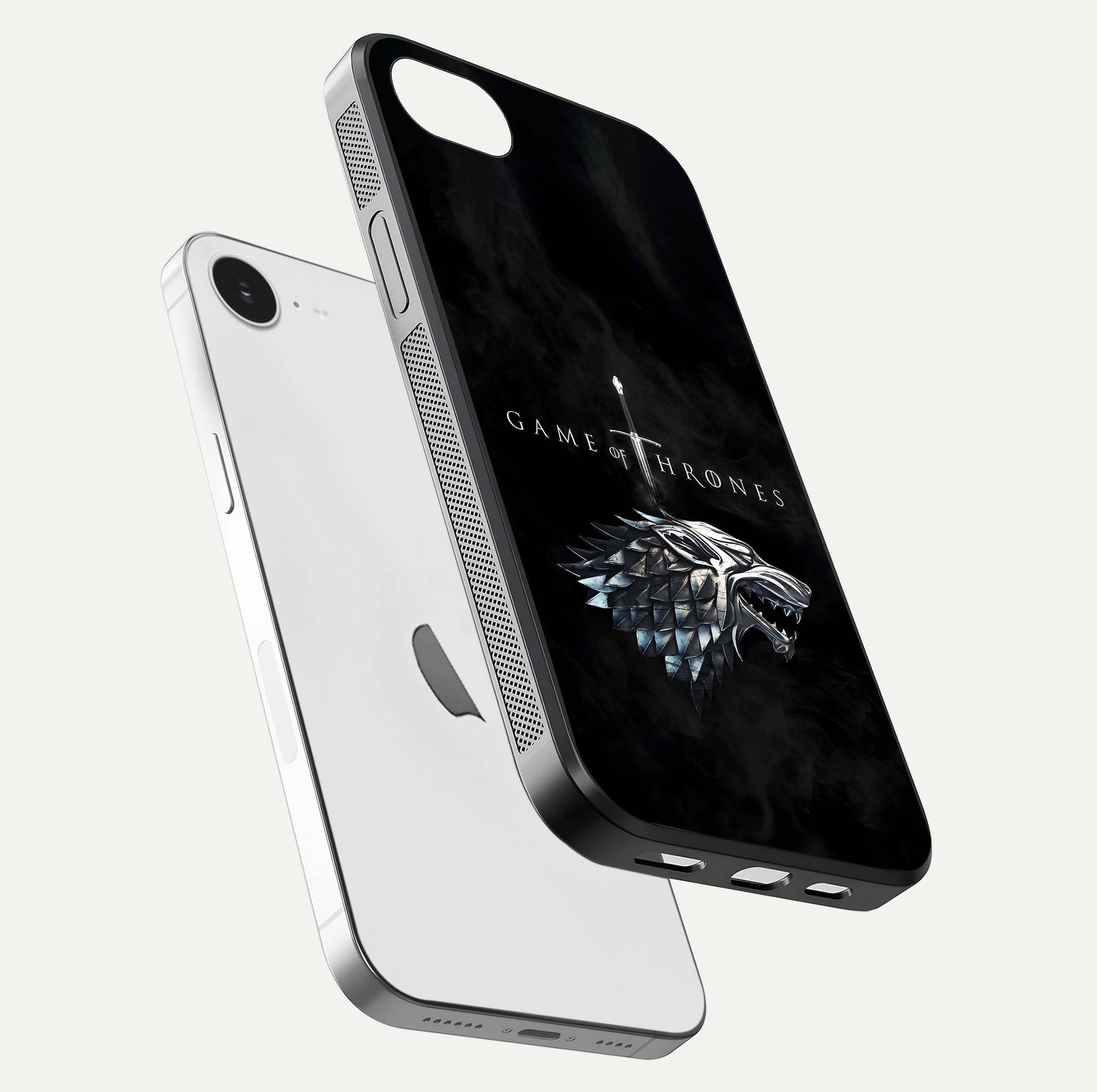 Throne Wolf Legacy Glass Case for iPhone 16e floating dual-view mockup displaying gloss depth and wolf artwork