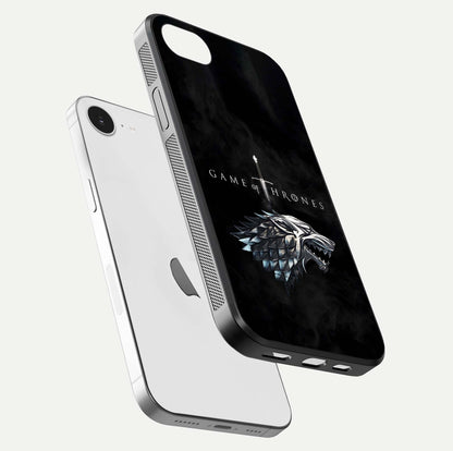 Throne Wolf Legacy Glass Case for iPhone 16e floating dual-view mockup displaying gloss depth and wolf artwork