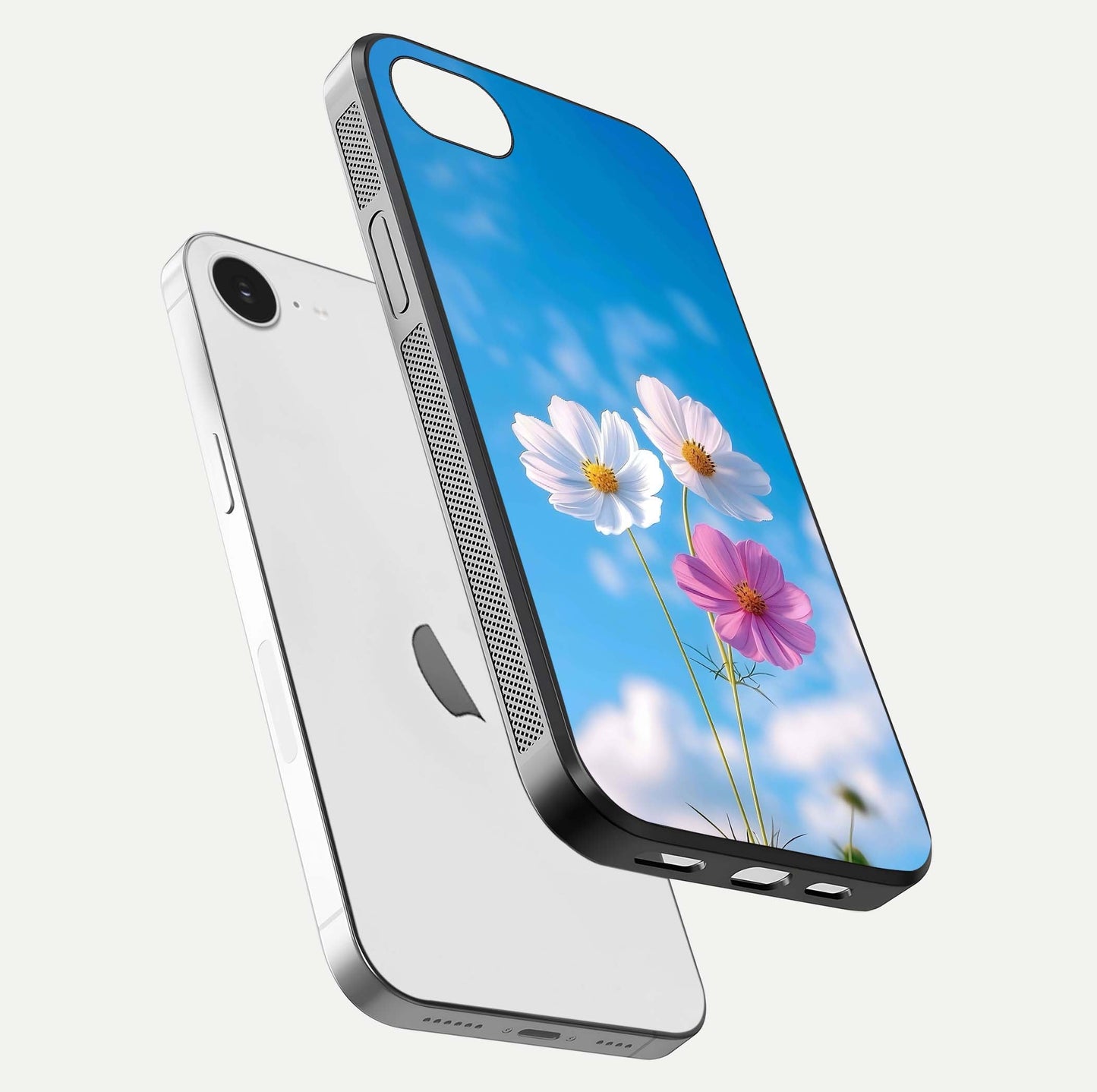 Triple Flowers With Sky Glass Case for iPhone 16e floating dual-view mockup displaying gloss and soft hues