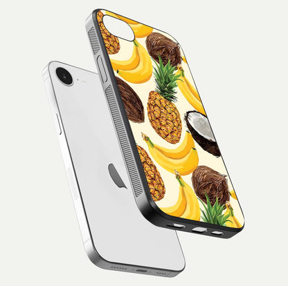Tropical Fruit Mood Glass Case for iPhone 16e floating dual-view mockup displaying gloss and vibrant colors