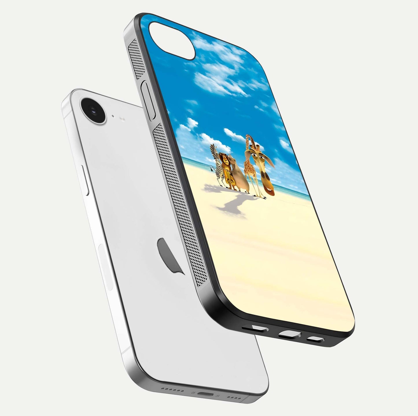 Tropical Fun Squad Glass Case for iPhone 16e floating dual-view mockup displaying gloss reflection and contrast