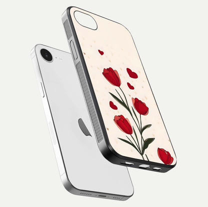 Tulip With Heart Glass Case for iPhone 16e floating dual-view mockup displaying gloss texture and shine