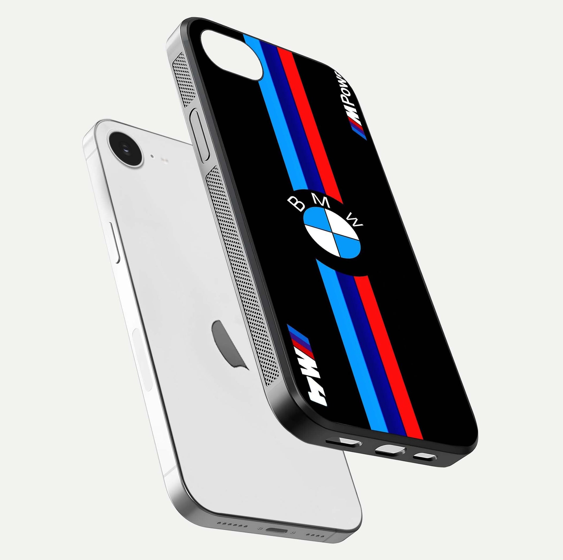 Turbo BMW Beast Glass Case for iPhone 16e floating dual-view mockup displaying gloss texture and vivid print