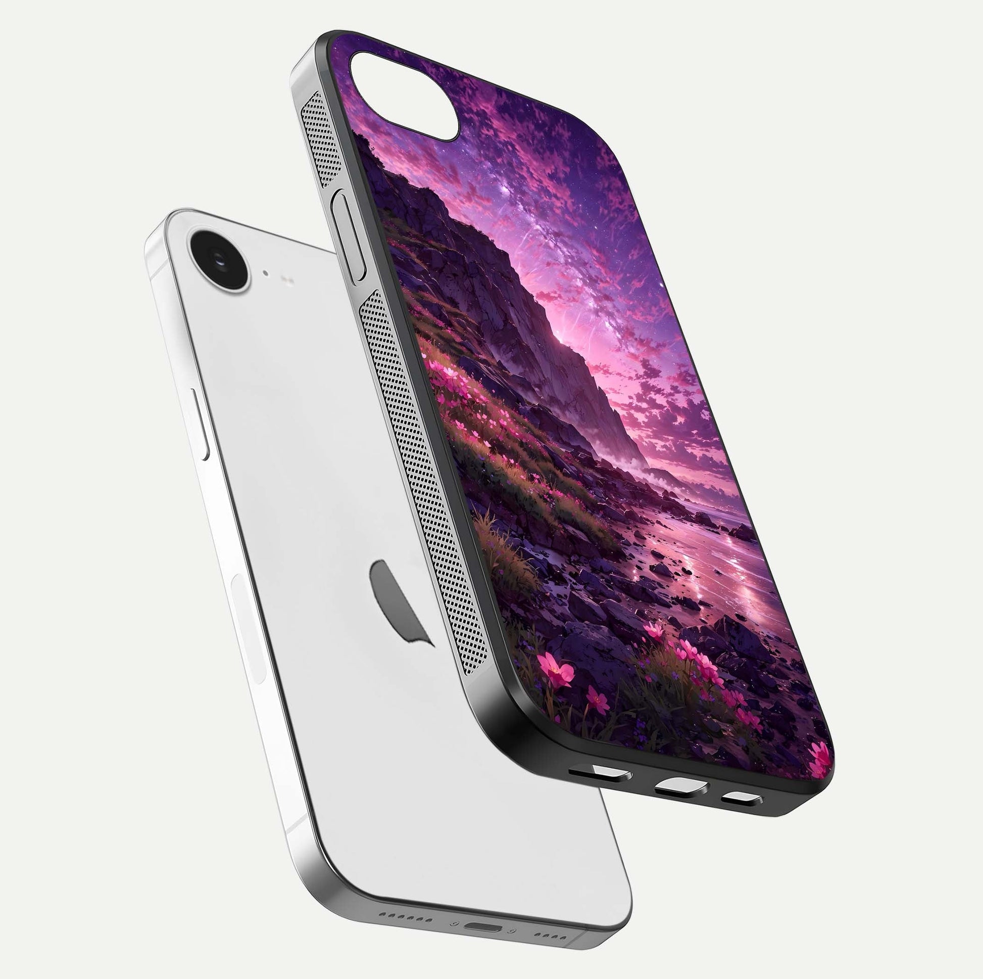 Twilight Blossom Coast Glass Case for iPhone 16e floating dual-view mockup displaying gloss surface and detail