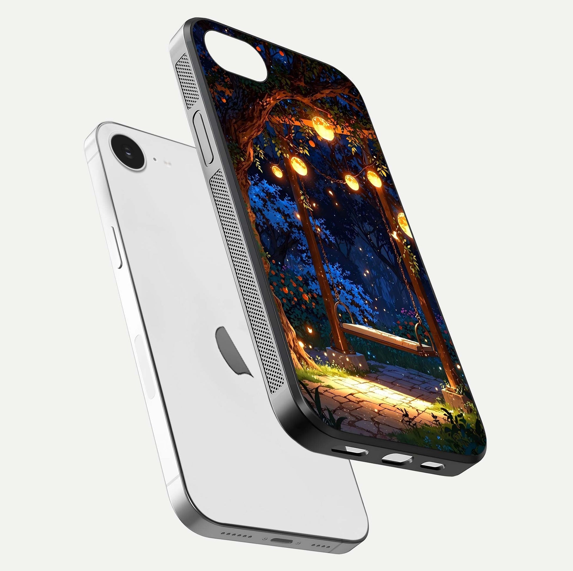 Twilight Garden Swing Glass Case for iPhone 16e floating dual-view mockup displaying gloss and tone balance