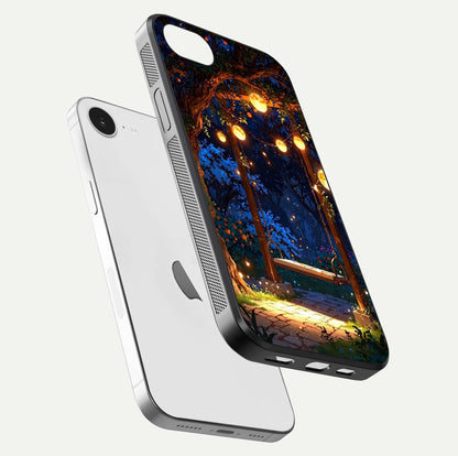 Twilight Garden Swing Glass Case for iPhone 16e floating dual-view mockup displaying gloss and tone balance