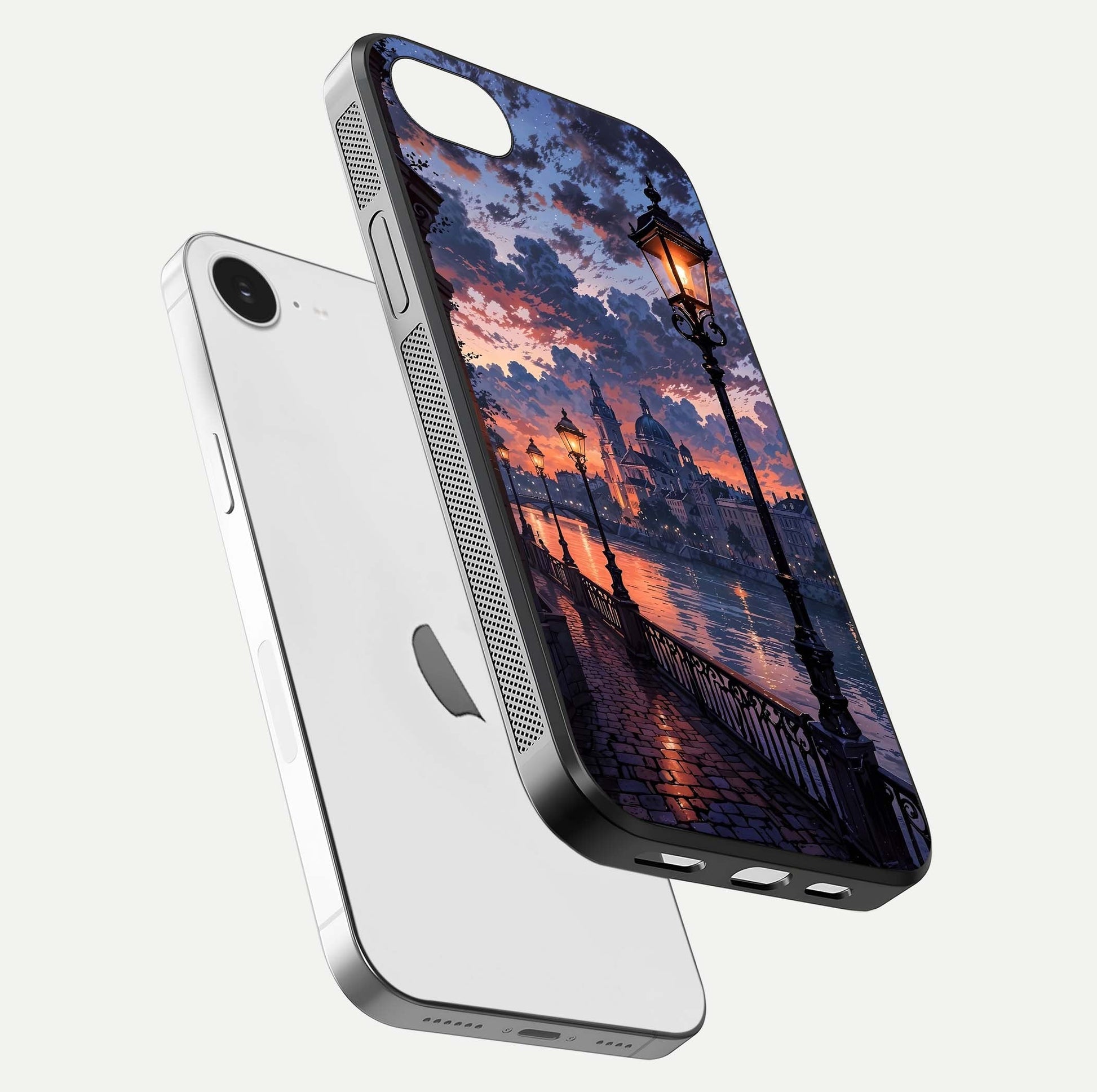 Twilight River Lights Glass Case for iPhone 16e floating dual-view mockup displaying gloss shine and vivid details