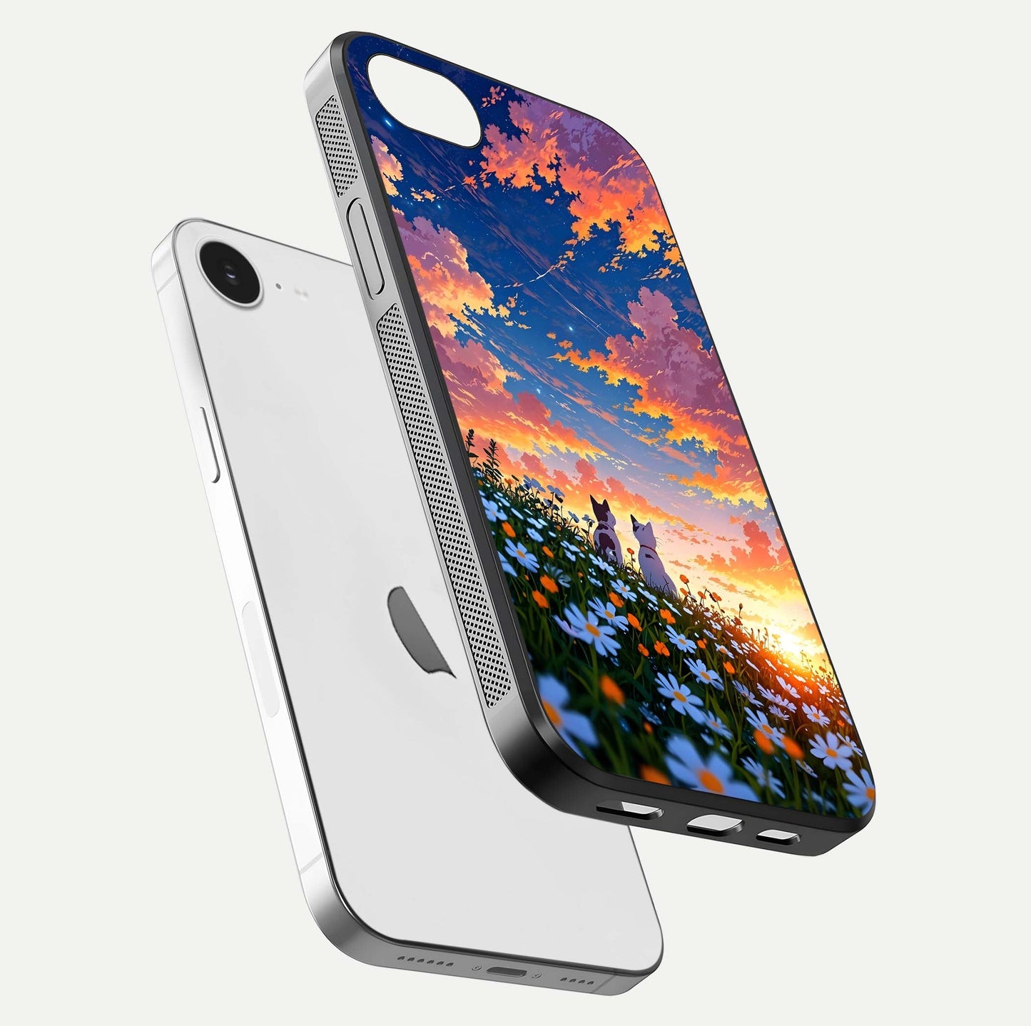 Two Cats Friends Glass Case for iPhone 16e floating dual-view mockup displaying gloss surface and HD print