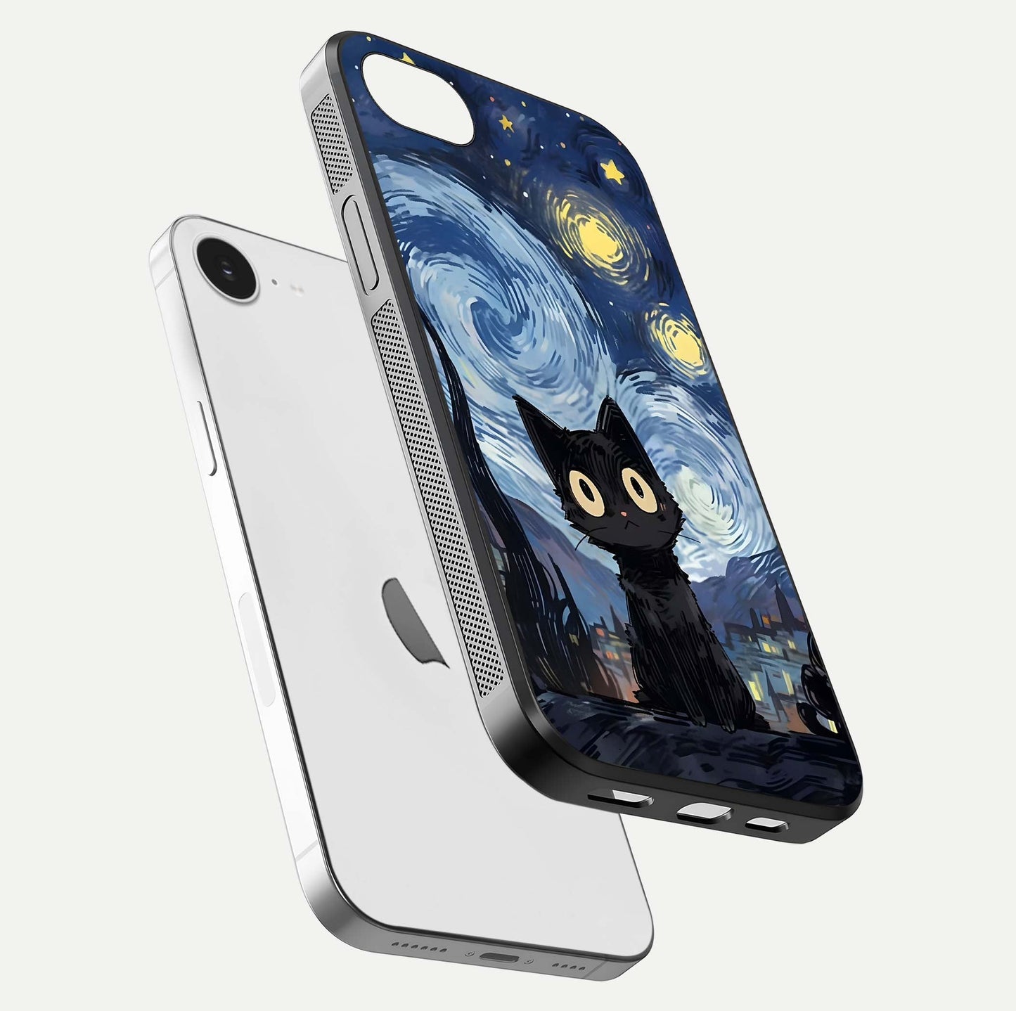 Van Gogh Cat Glass Case for iPhone 16e floating dual-view mockup displaying gloss shine and artistic texture