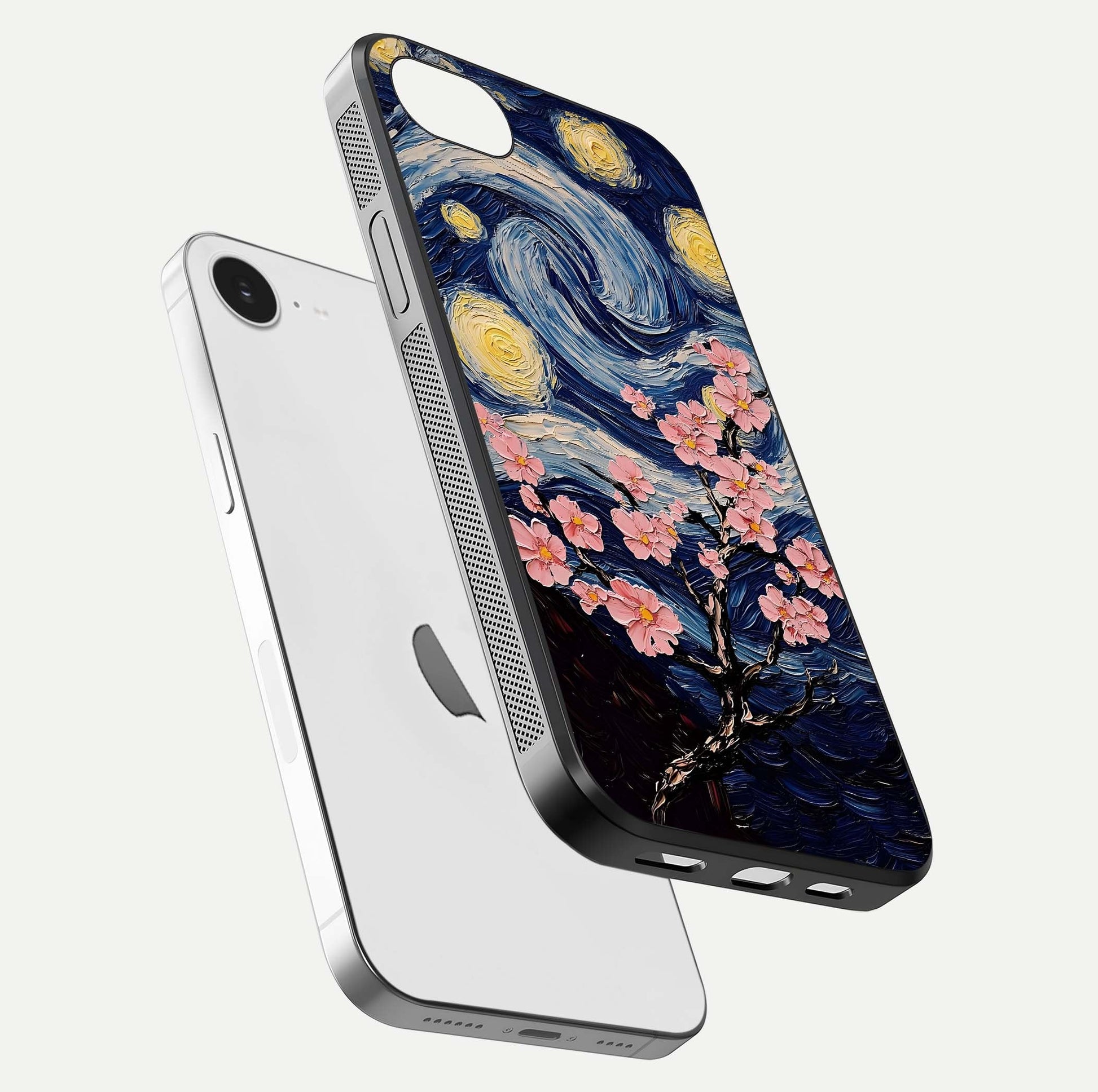 Van Gogh Scenery Glass Case for iPhone 16e floating dual-view mockup displaying gloss reflection and HD quality