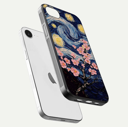 Van Gogh Scenery Glass Case for iPhone 16e floating dual-view mockup displaying gloss reflection and HD quality
