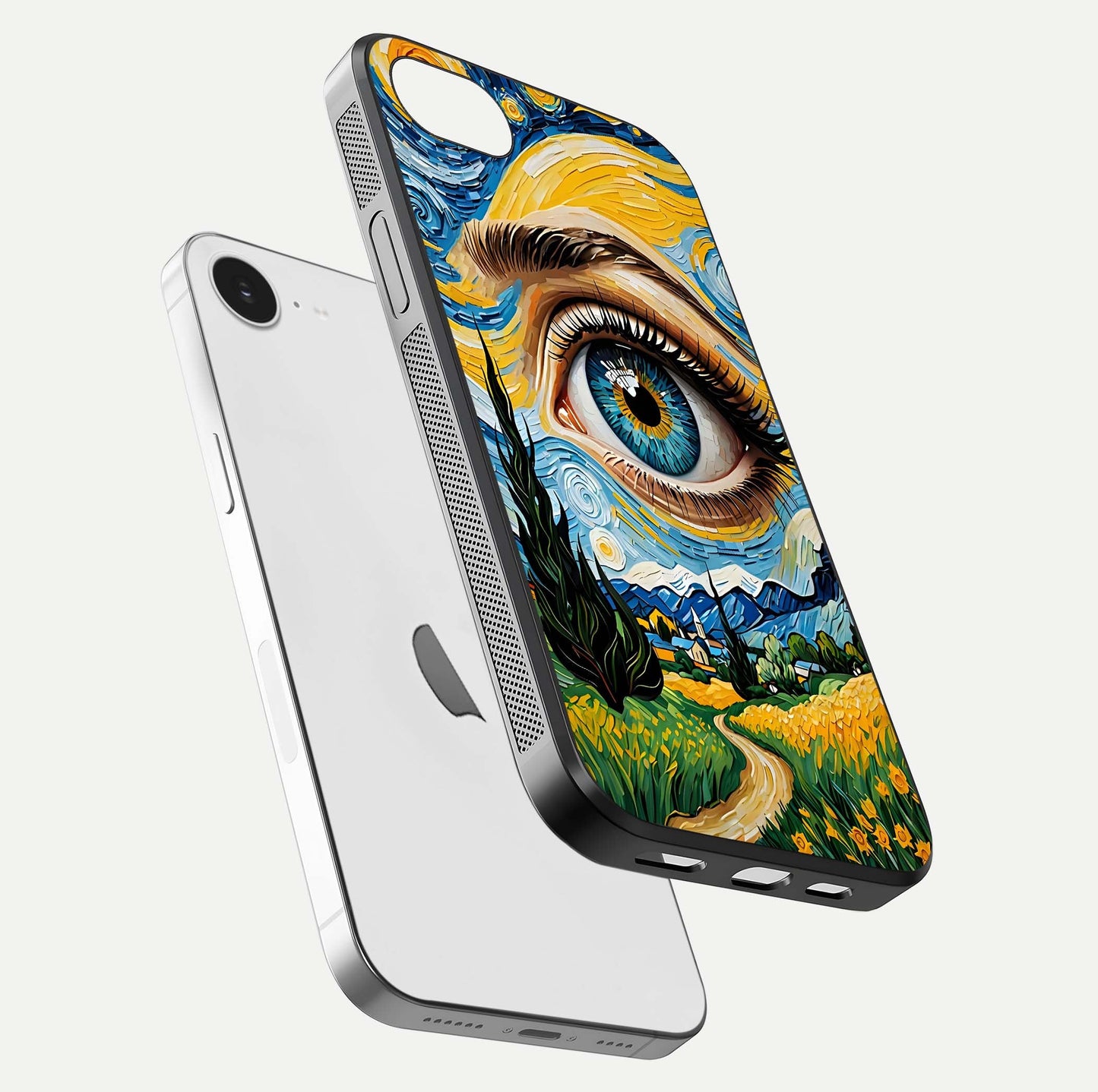 Van Gogh Eye Glass Case for iPhone 16e floating dual-view mockup displaying gloss texture and depth