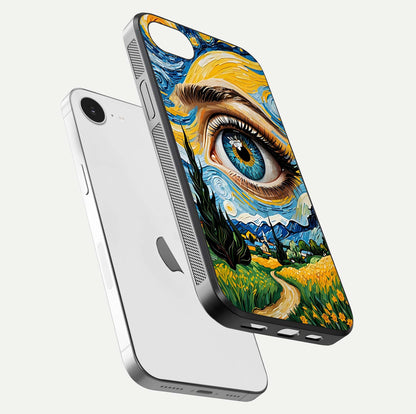 Van Gogh Eye Glass Case for iPhone 16e floating dual-view mockup displaying gloss texture and depth