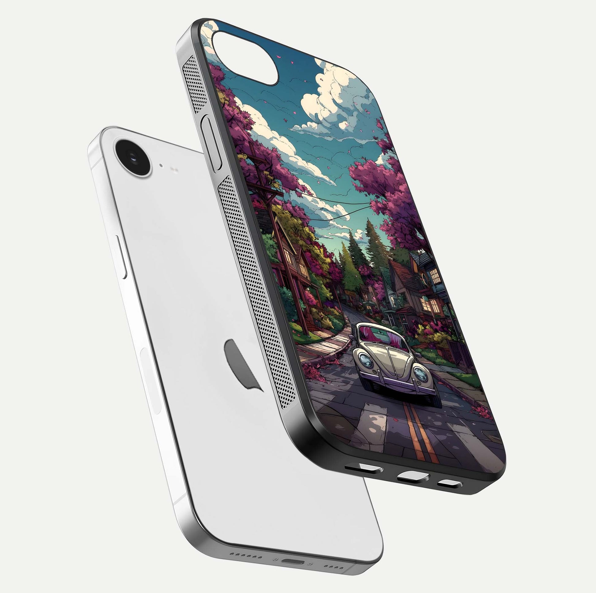 Vintage Street Drive Glass Case for iPhone 16e floating dual-view mockup displaying gloss shine and texture