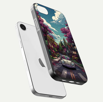 Vintage Street Drive Glass Case for iPhone 16e floating dual-view mockup displaying gloss shine and texture