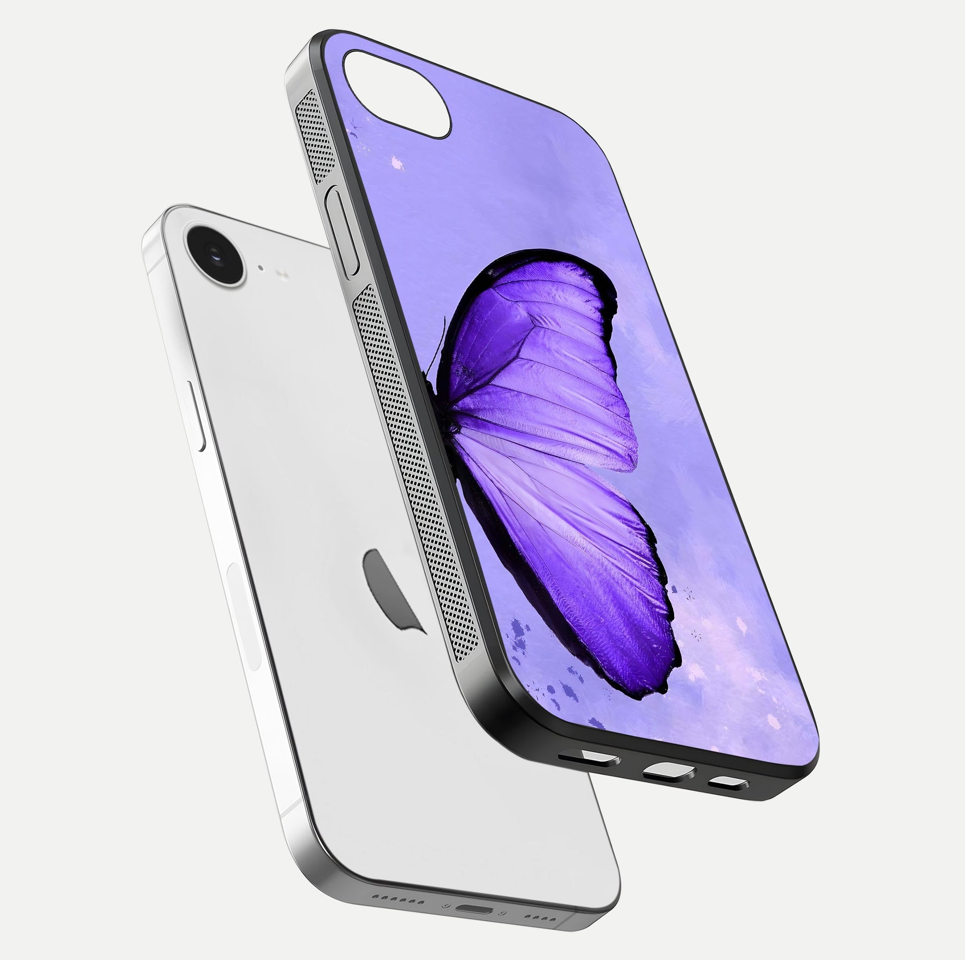 Violet Dream Wing Glass Case for iPhone 16e floating dual-view mockup displaying gloss depth and clarity