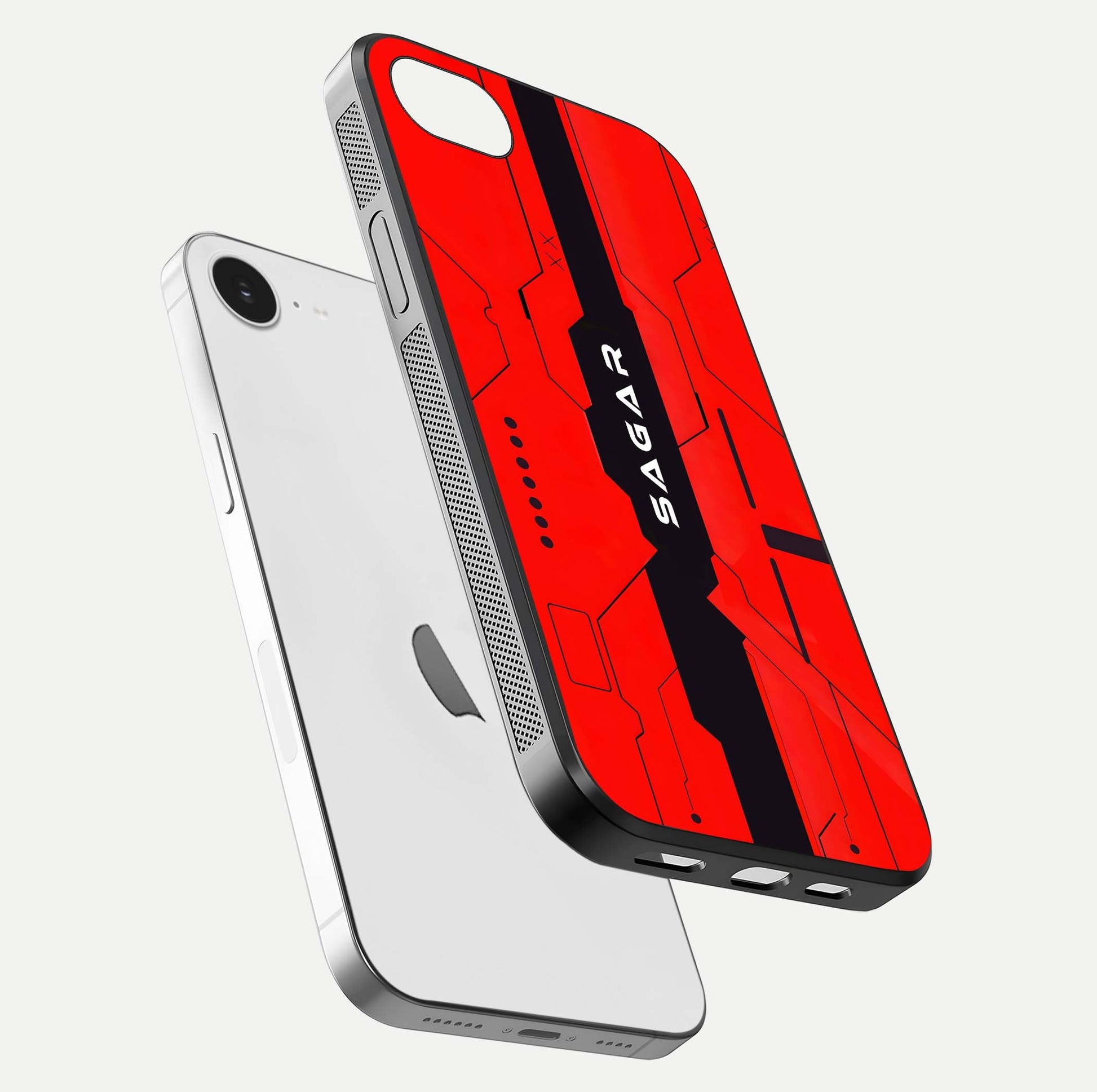 Voltage Rise CYBERPUNK Custom Name Glass Case for iPhone 16e floating dual-view mockup displaying gloss shine and lighting