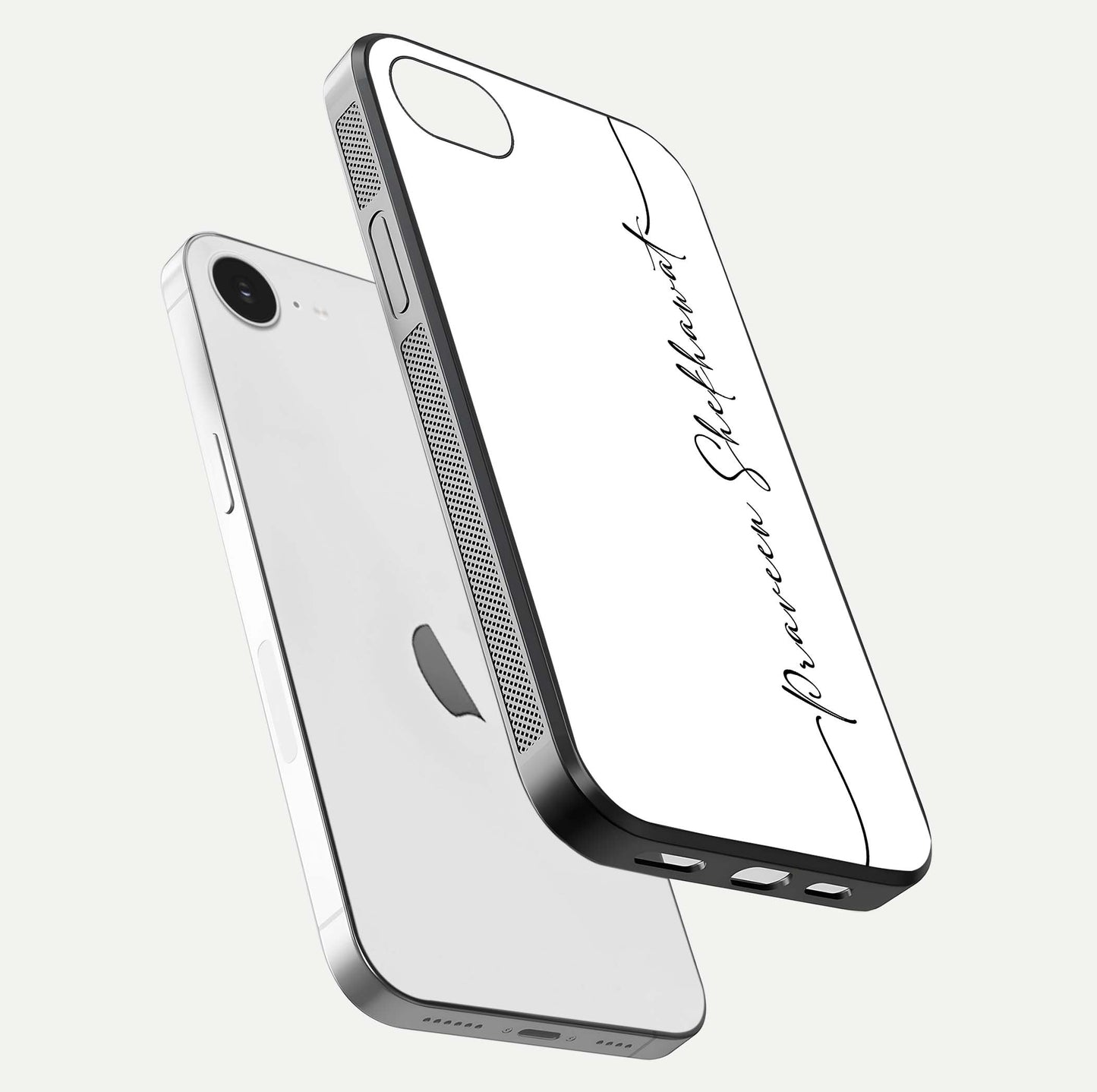 White Tune Custom Name Glass Case for iPhone 16e floating dual-view mockup displaying gloss and HD detail