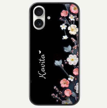 Black Elegance Floral Custom Name Glass Case For iPhone 17 by Custom World