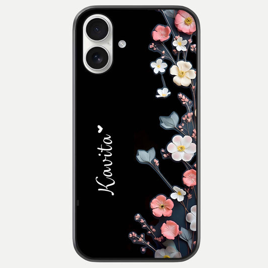 Black Elegance Floral Custom Name Glass Case For iPhone 17 by Custom World