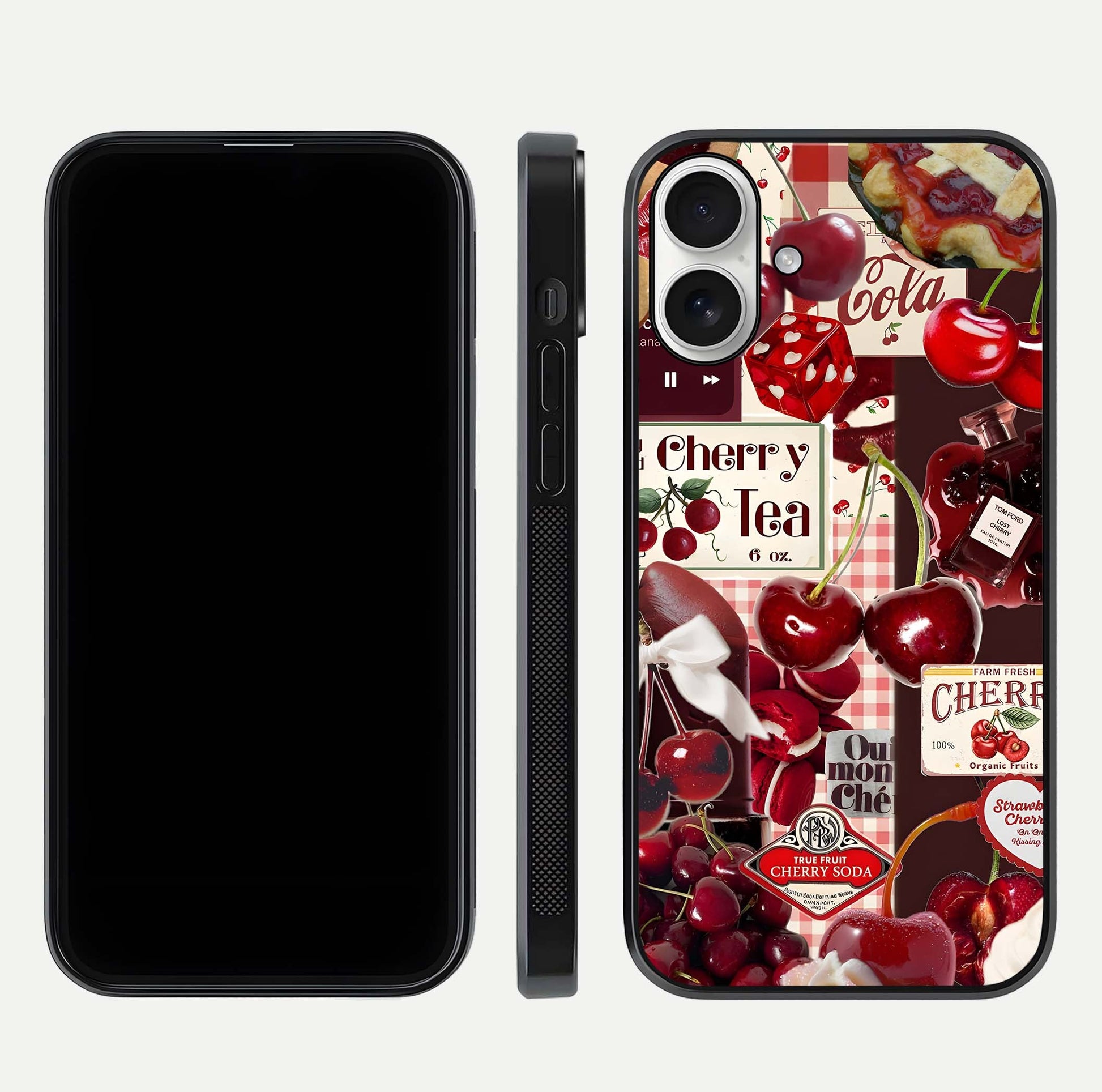 Aesthetic Cherry Tea Glass Case for iPhone 17 front and back view layout showing black front display and artistic cherry-themed glass back