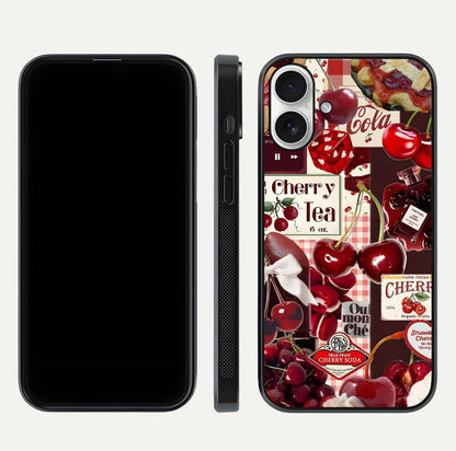 Aesthetic Cherry Tea Glass Case for iPhone 17 front and back view layout showing black front display and artistic cherry-themed glass back
