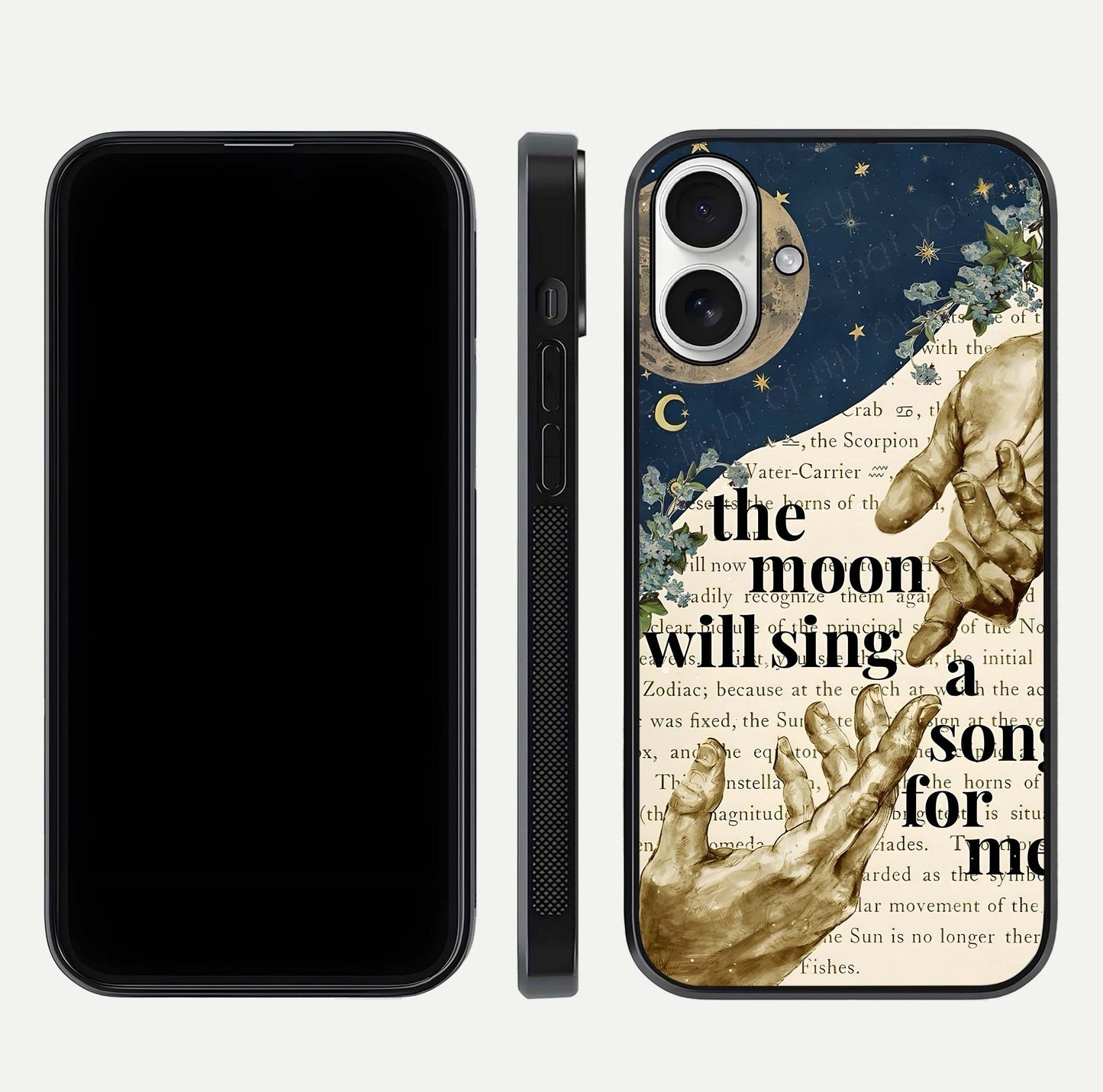 Aesthetic Divine Glass Case for iPhone 17 front and back view layout showing black front display and divine art glass back