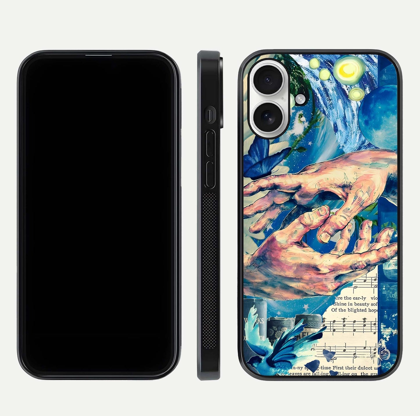 Aesthetic Little Freak Glass Case for iPhone 17 front and back view layout showing black front display and trendy collage glass back