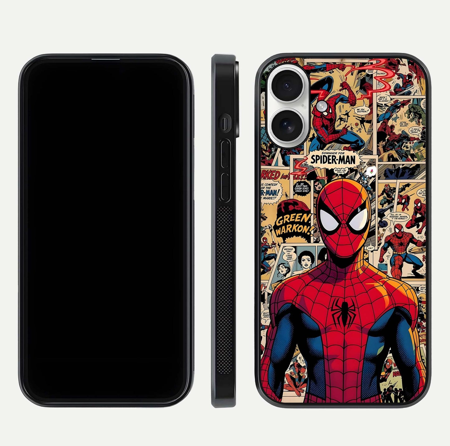 Aesthetic Spider Man Glass Case for iPhone 17 front and back view layout showing black front display and Spider-Man art glass back