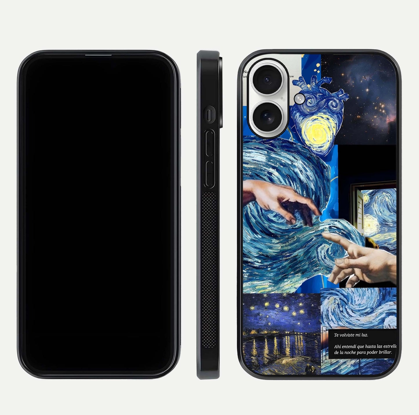 Aesthetic Vando Hands Glass Case for iPhone 17 front and back layout highlighting camera cutout and premium glass shine