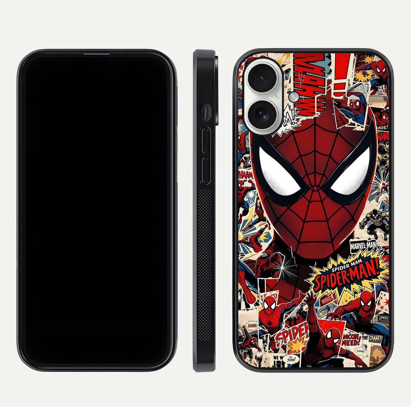 Aesthetic Wonder Spider Glass Case for iPhone 17 dual-view layout showing premium glass shine and strong edge design