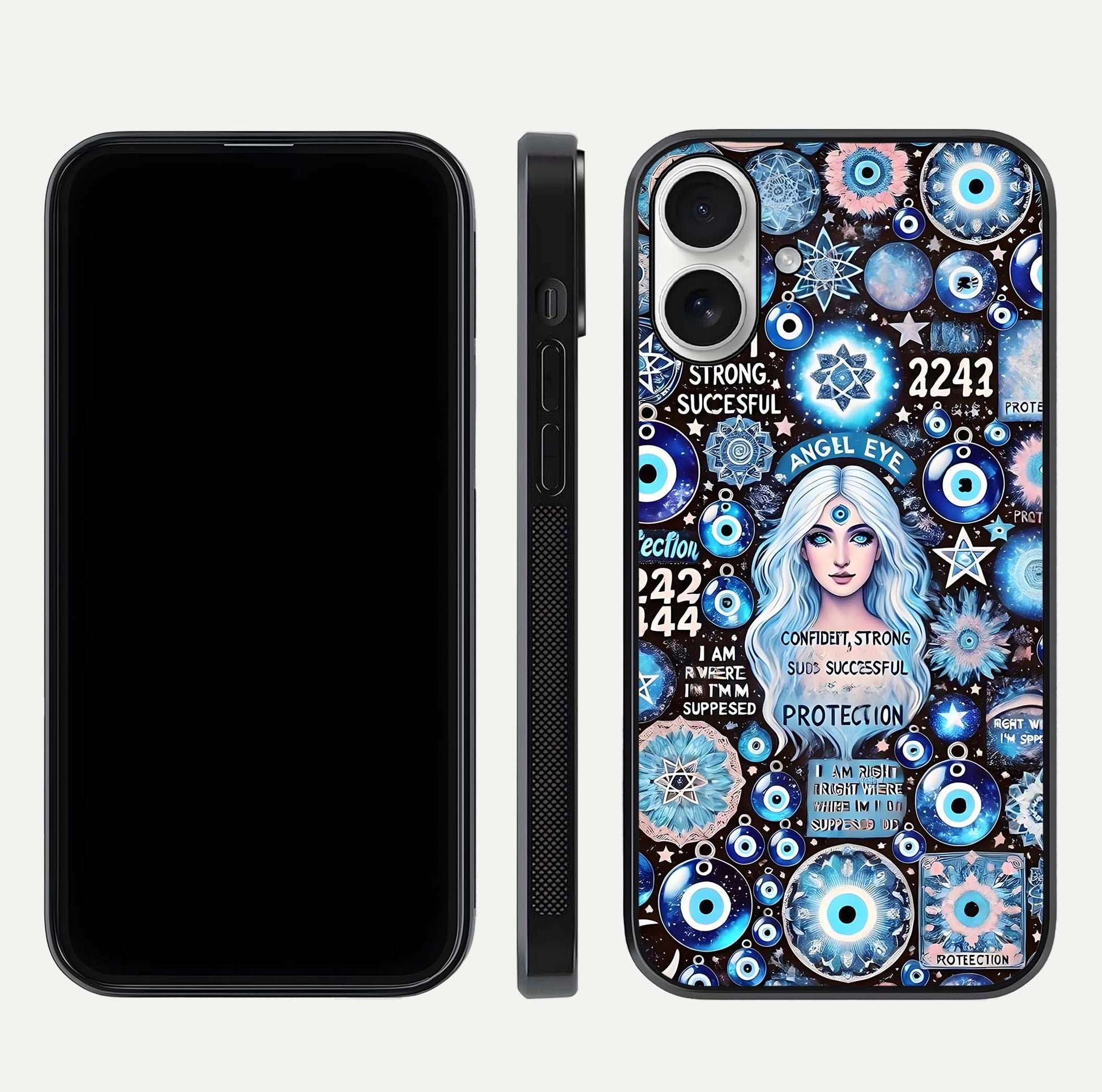 Angel Aura Shield Glass Case for iPhone 17 front and back display highlighting glass clarity and spiritual design