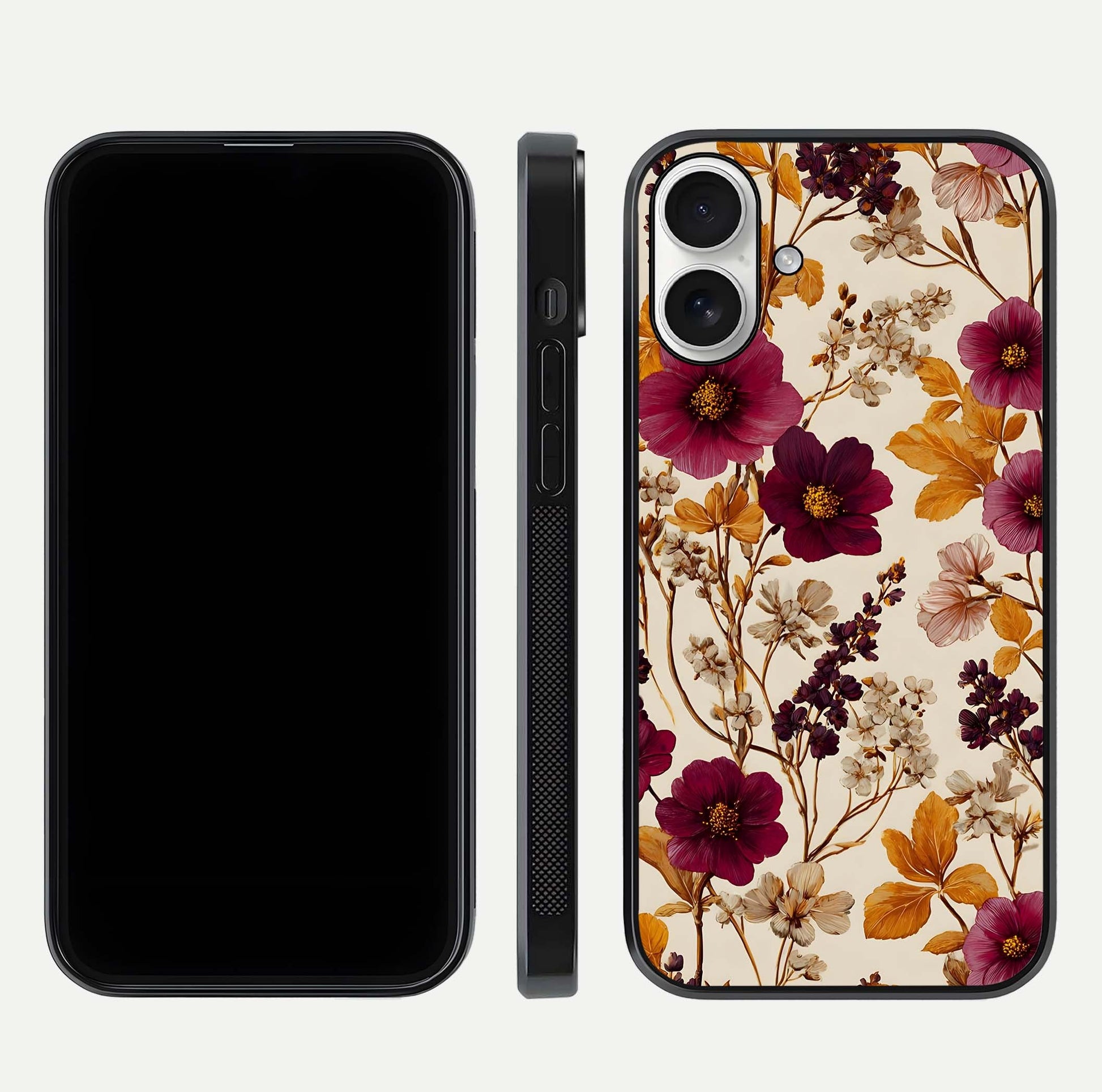 Autumn Wine Bloom Glass Case for iPhone 17 front and back layout showing autumn print and HD glass clarity