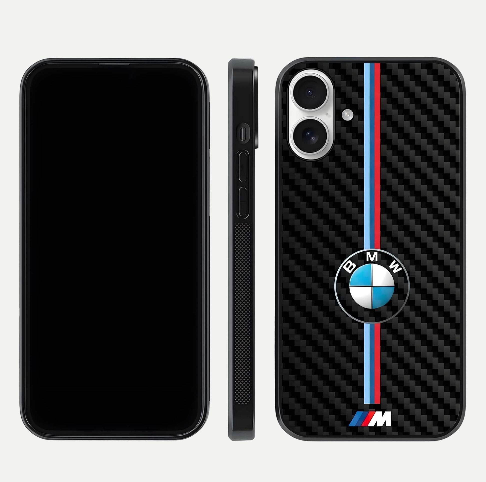 BMW Pattern Glass Case for iPhone 17 front-and-back layout displaying car-themed art and premium glass gloss