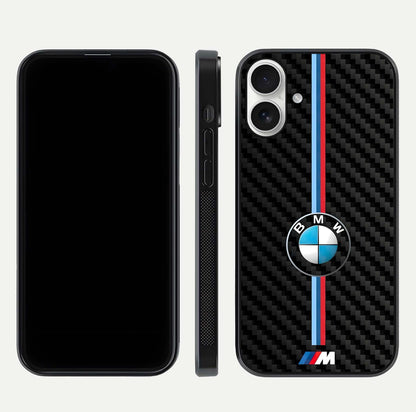 BMW Pattern Glass Case for iPhone 17 front-and-back layout displaying car-themed art and premium glass gloss