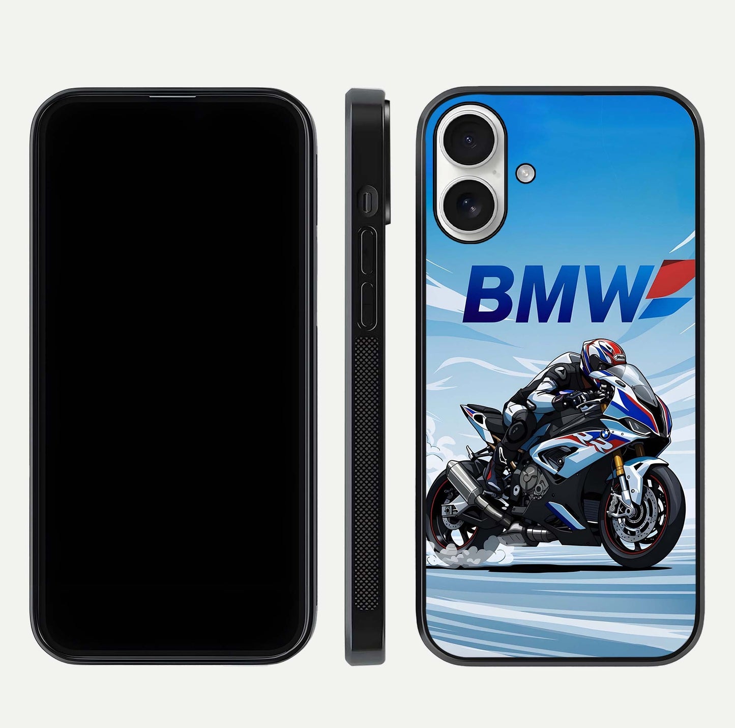 BMW Power Drift Glass Case for iPhone 17 dual-view layout showing energy pattern and edge clarity
