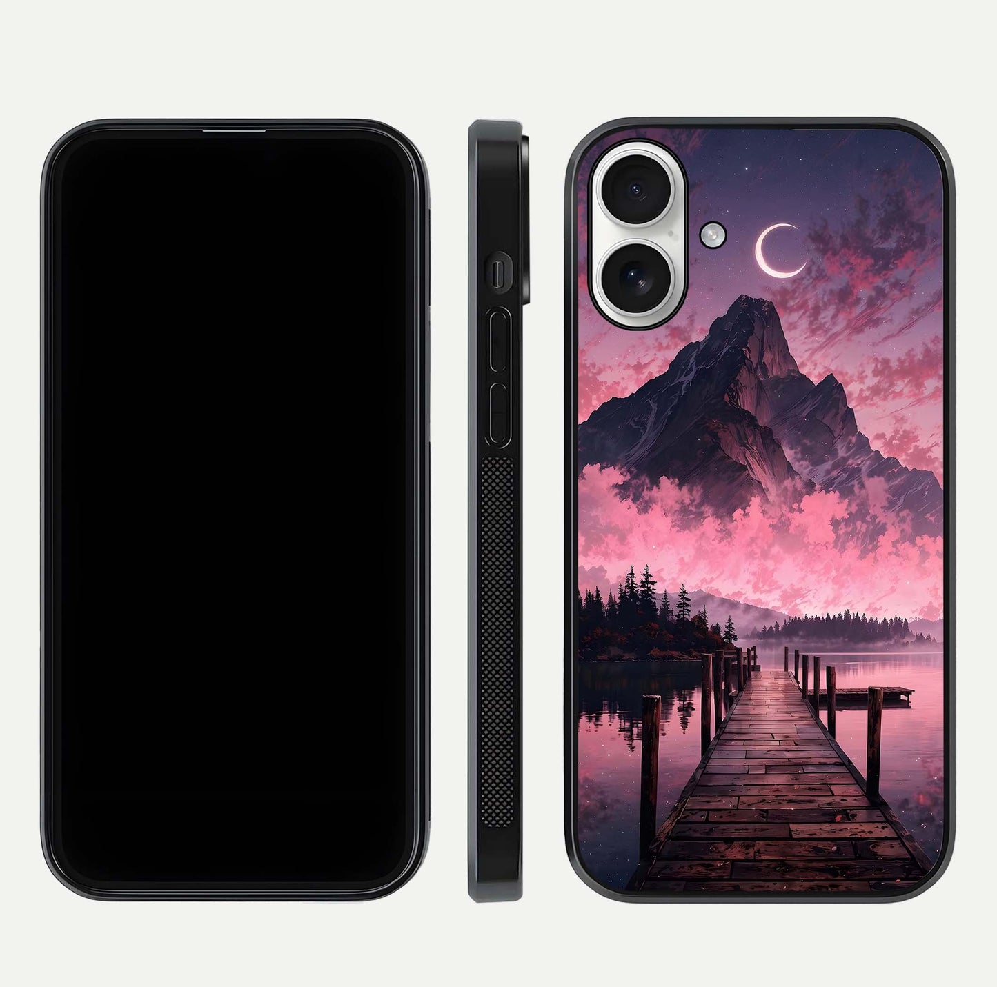 Beautyful Mountain View Glass Case for iPhone 17 front and back layout showcasing natural tones and clarity