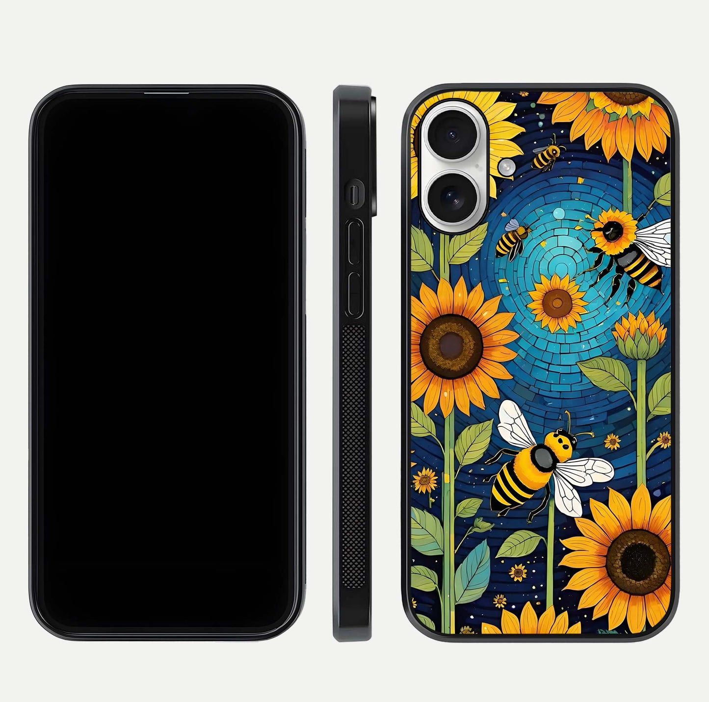 Bees & Sunflowers Glass Case for iPhone 17 front-and-back layout highlighting nature-inspired artwork and protective edge