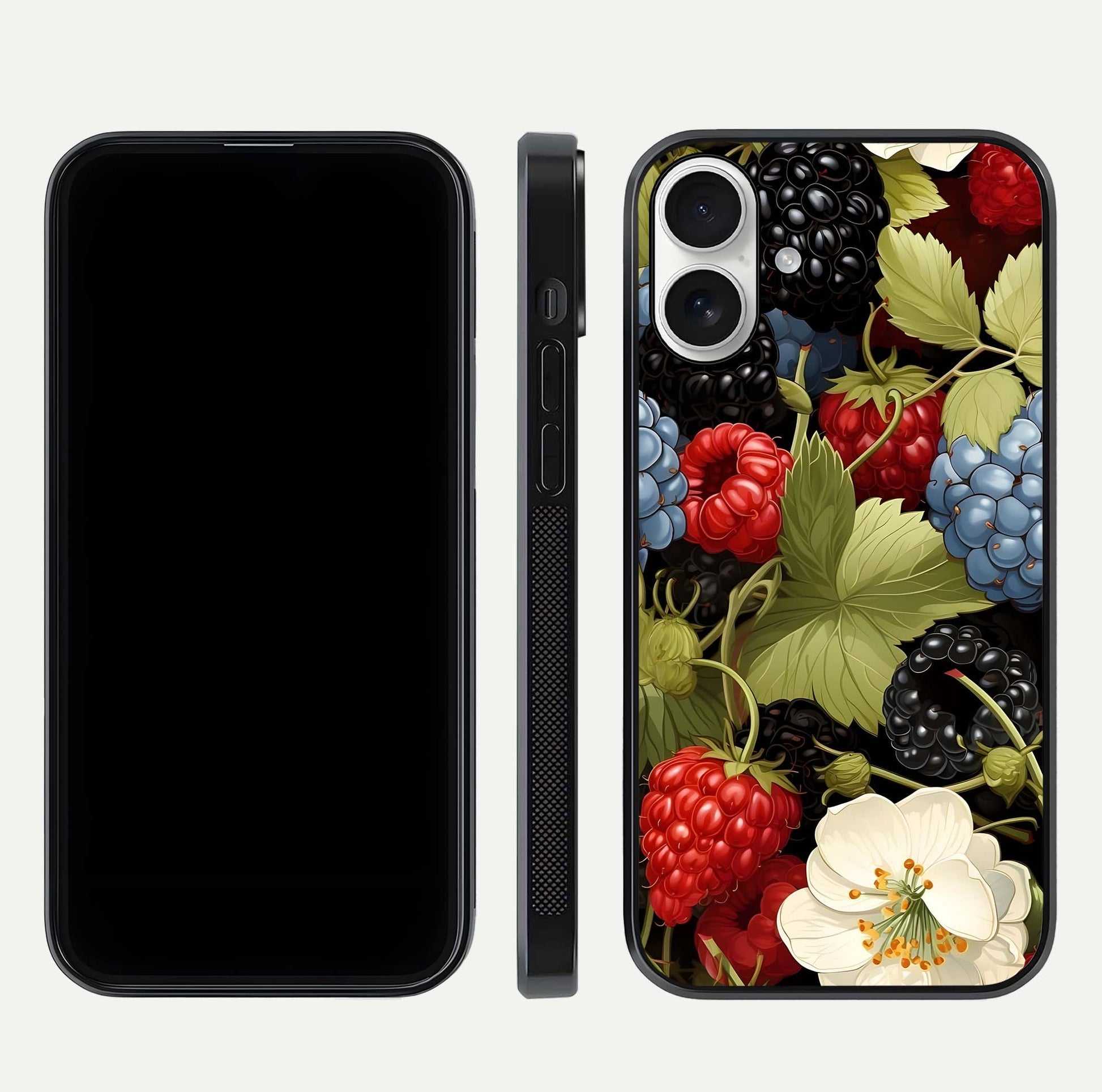 Berry Bloom Charm Glass Case for iPhone 17 front-and-back layout showing floral pattern continuity and smooth glass shine