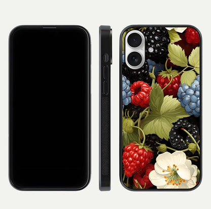 Berry Bloom Charm Glass Case for iPhone 17 front-and-back layout showing floral pattern continuity and smooth glass shine