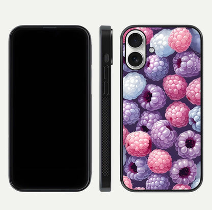 Berry Candy Pop Glass Case for iPhone 17 front-and-back layout showing colorful pattern and sleek protective frame