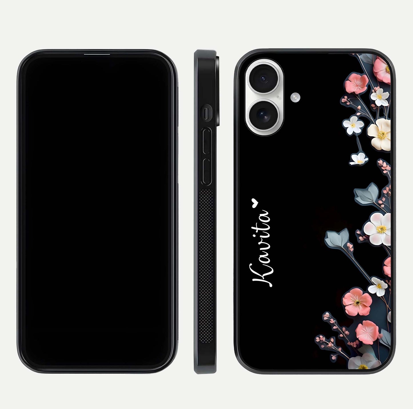 Black Elegance Floral Custom Name Glass Case for iPhone 17 dual-view layout displaying name placement and gloss finish