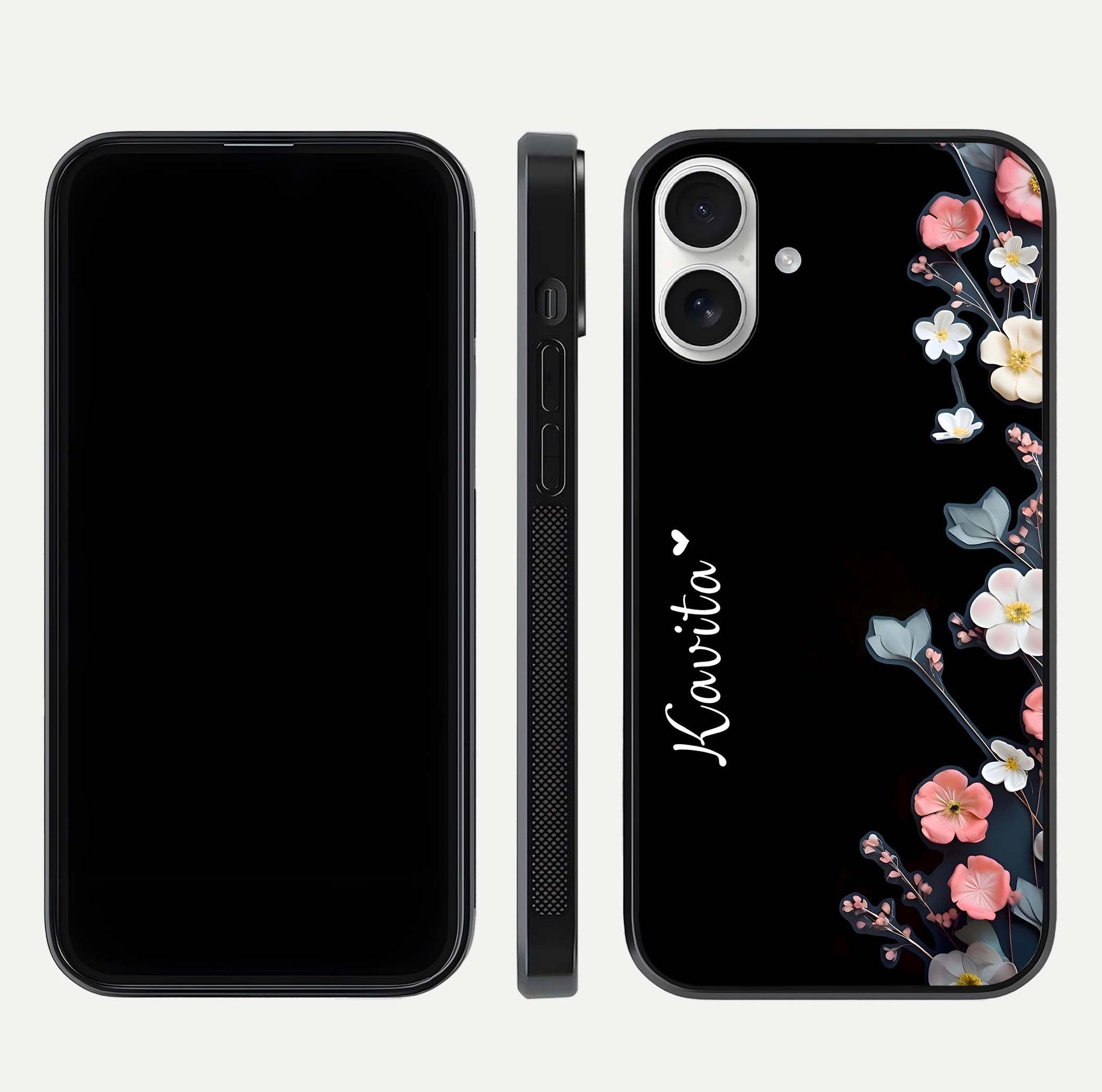 Black Elegance Floral Custom Name Glass Case for iPhone 17 dual-view layout displaying name placement and gloss finish