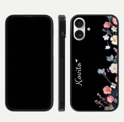 Black Elegance Floral Custom Name Glass Case for iPhone 17 dual-view layout displaying name placement and gloss finish